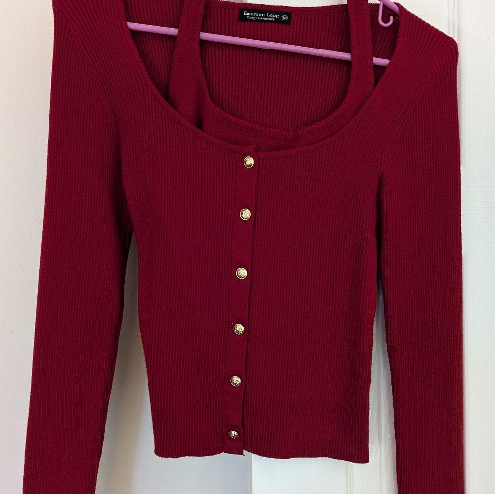 Red Ribbed Button-Up Sweater - Picture 3 of 5